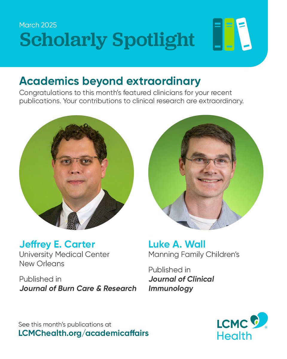 LCMC Health Academic Affairs (@lcmchealthedu) on Twitter photo Please join us in congratulating Dr. Carter & Dr. Wall on their March 2025 publications in such esteemed publications as Journal of Burn Care & Research, and Journal of Clinical Immunology! 🎉
<a href="/LCMCHealth/">LCMC Health</a>
#ScholarlySpotlight publications can be found at LCMCHealth.org/academicaffairs Please join us in congratulating Dr. Carter & Dr. Wall on their March 2025 publications in such esteemed publications as Journal of Burn Care & Research, and Journal of Clinical Immunology! 🎉
<a href="/LCMCHealth/">LCMC Health</a>
#ScholarlySpotlight publications can be found at LCMCHealth.org/academicaffairs