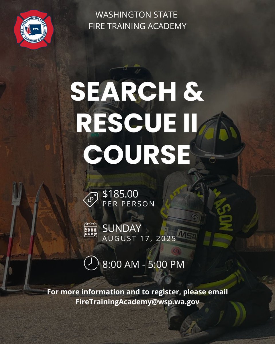 The #WAFTA is hosting a Search &amp; Rescue II course on August 17, 2025. Register today! 
#WAFireAcademy #Firefighter #Firefighters #WAFirefighter #WAFirefighters