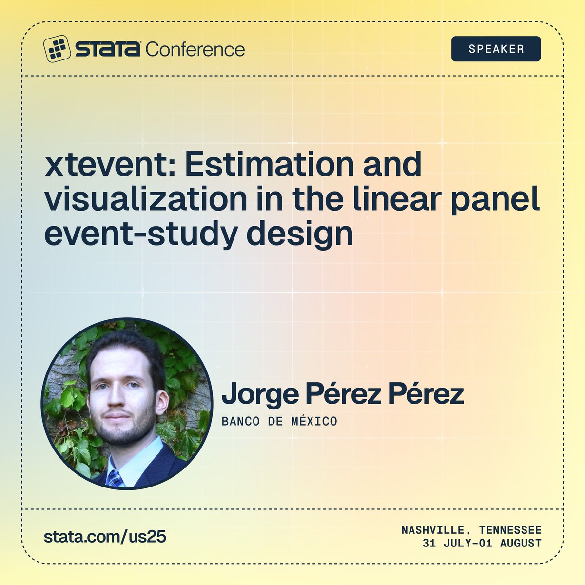 Stata (@stata) on Twitter photo Meet the #Stata2025 speakers:
See how the new xtevent package creates event-study plots for linear panel models with with Jorge Pรฉrez Pรฉrez (<a href="/jorpppp/">Jorge Pรฉrez Pรฉrez</a>) from <a href="/Banxico/">Banco de Mรฉxico</a>.
Full abstract: stata.com/us25
#Stata #StataConference Meet the #Stata2025 speakers:
See how the new xtevent package creates event-study plots for linear panel models with with Jorge Pรฉrez Pรฉrez (<a href="/jorpppp/">Jorge Pรฉrez Pรฉrez</a>) from <a href="/Banxico/">Banco de Mรฉxico</a>.
Full abstract: stata.com/us25
#Stata #StataConference
