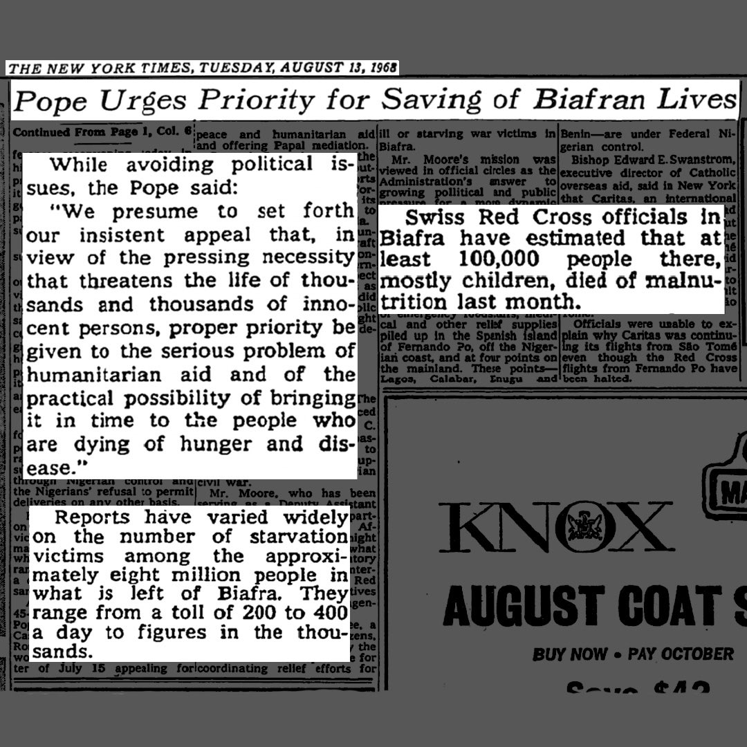 In August 1968, Pope Paul VI pleaded for humanitarian aid in Biafra.
Today, Pope Leo XIV makes similar pleas for the people in Gaza.

📰 via <a href="/nytimes/">The New York Times</a> August 13, 1968