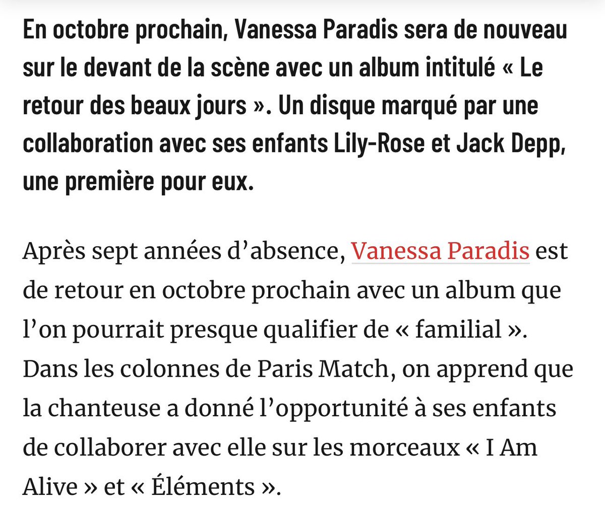 UpdatesLilyRose's tweet image. Lily and Jack have participated in the making of their mom Vanessa’s upcoming album &quot;Le retour des beaux jours&quot;! ✨ Lily has entirely written the song &quot;I Am Alive&quot; 🥹

🔗 parismatch.com/People/vanessa…