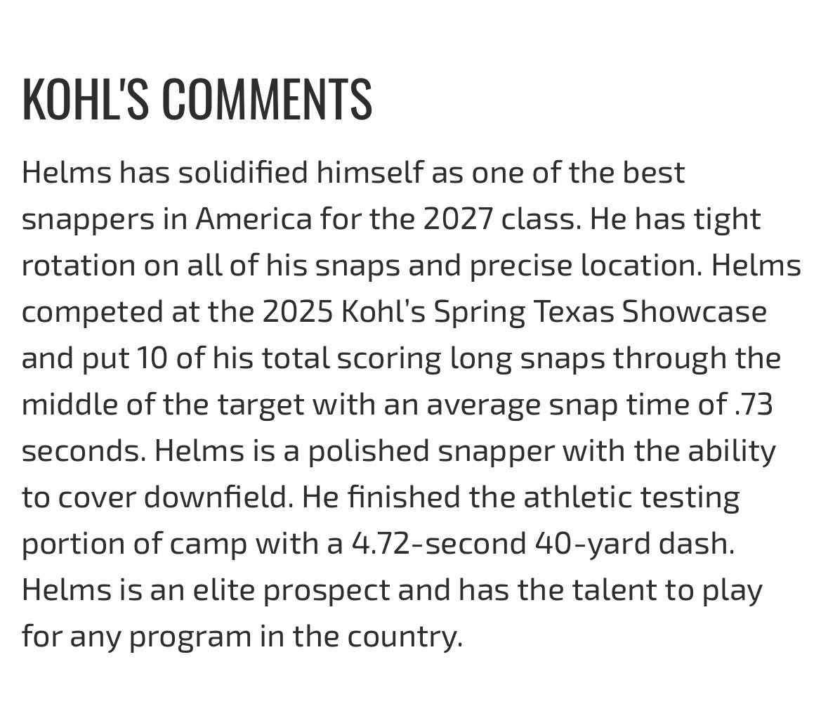 Holden Helms (@holdenhelms2027) on Twitter photo Honored to be ranked a 5⭐️and 2nd in 2027 by <a href="/KohlsSnapping/">Kohl's Snapping Camps</a>. Thank you <a href="/Coach_Casper/">Coach Casey Casper</a> for the write up. Looking forward to the summer!
<a href="/RecruitsCenTex/">Coach Jimmy Andrews</a>
<a href="/realjakholbrook/">Coach Jak Holbrook</a>
<a href="/CoachTSalazar/">Tony Salazar</a>
<a href="/HKA_Tanalski/">Adam</a> Honored to be ranked a 5⭐️and 2nd in 2027 by <a href="/KohlsSnapping/">Kohl's Snapping Camps</a>. Thank you <a href="/Coach_Casper/">Coach Casey Casper</a> for the write up. Looking forward to the summer!
<a href="/RecruitsCenTex/">Coach Jimmy Andrews</a>
<a href="/realjakholbrook/">Coach Jak Holbrook</a>
<a href="/CoachTSalazar/">Tony Salazar</a>
<a href="/HKA_Tanalski/">Adam</a>