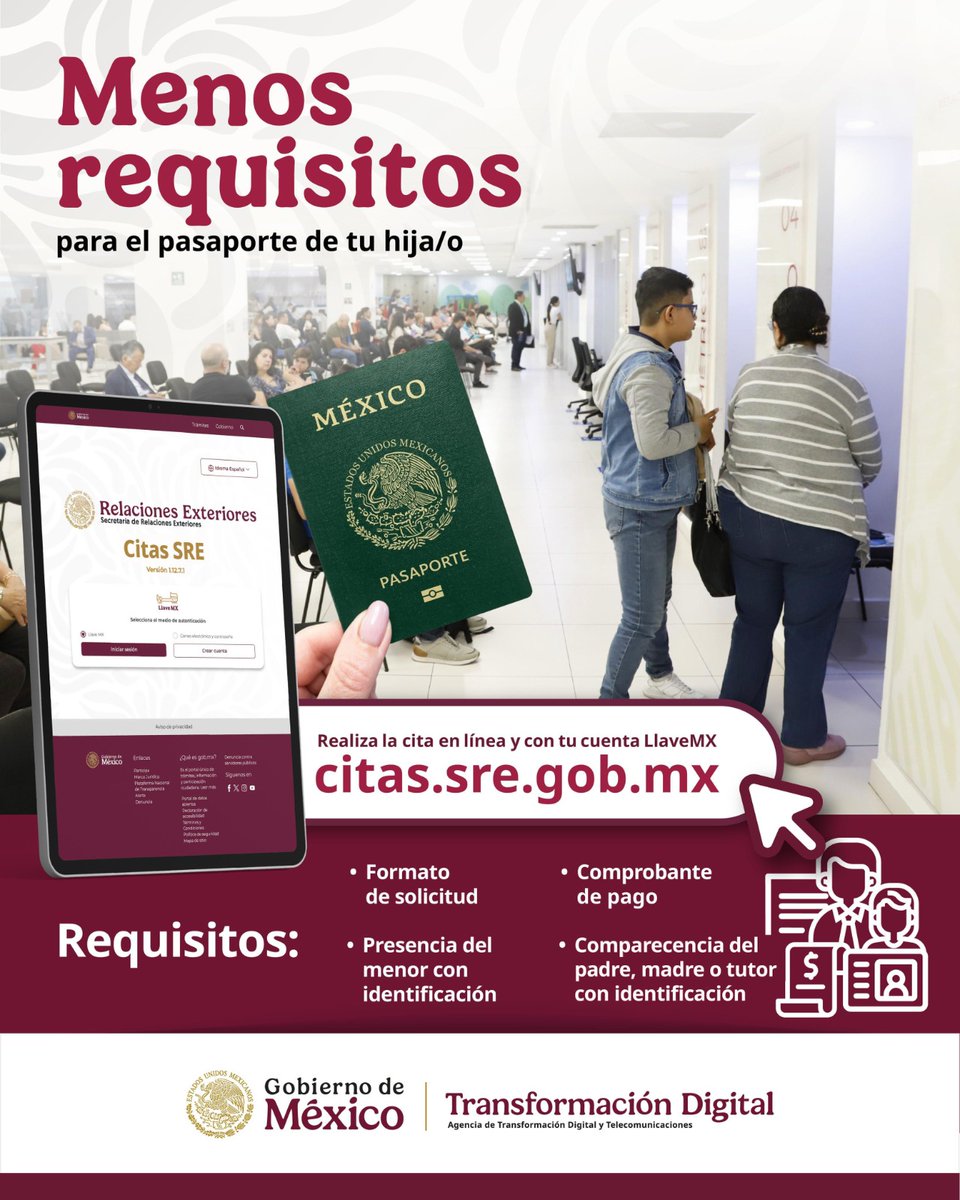 Obtener el pasaporte de tu hijo o hija es más fácil 🙌

Para primera vez solo necesitas :

1. Formato de solicitud y autorización
2. Presencia del o la menor con una identificación 
     vigente
3. Comparecencia de padre, madre, tutor o tutora con 
     identificacion oficial