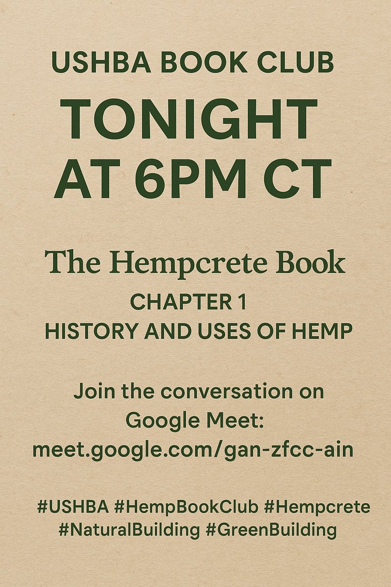 USHBAofficial's tweet photo. You're invited to our next Hemp Book Club meeting as we explore The Hempcrete Book by William Stanwix &amp; Alex Sparrow a cornerstone text for anyone interested in building with hemp-lime.  Join us! https://t.co/QN4b2poAsW https://t.co/hPfSlOCceU