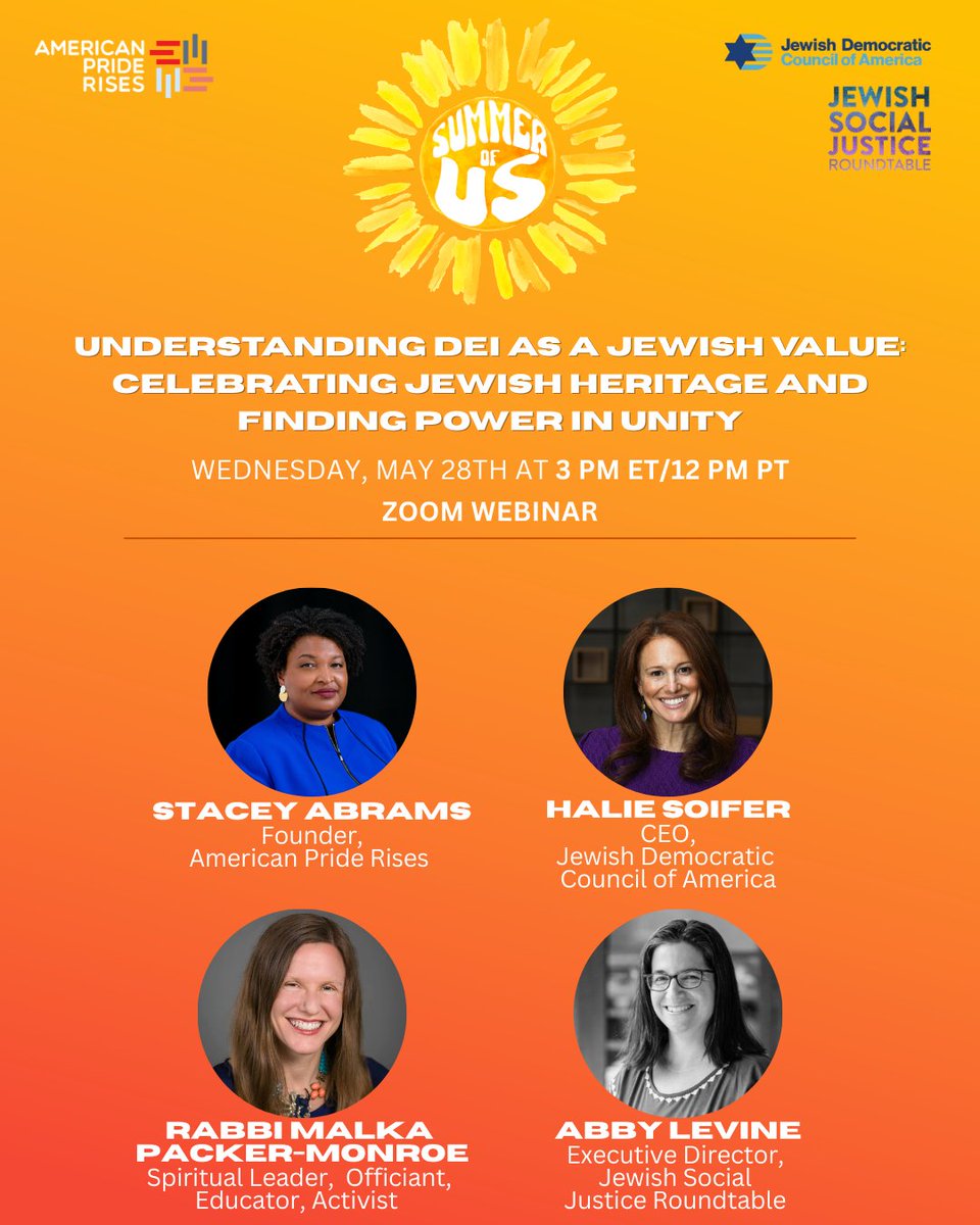 Today! For #JewishAmericanHeritageMonth, a conversation with <a href="/JSJ_Roundtable/">JewishSocialJustice</a> Abby Levine, <a href="/staceyabrams/">Stacey Abrams</a>, Hallie Soifer of <a href="/JewishDems/">Jewish Democrats</a>, and <a href="/RabbiMalka/">Rabbi Malka Packer</a>.

Hosted by <a href="/APR_Network/">American Pride Rises</a>. #JAHM2024