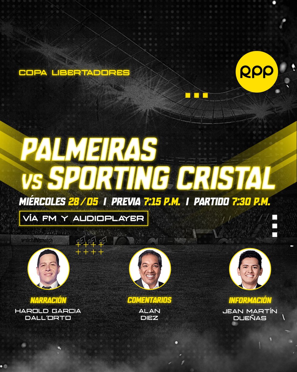 RPP Noticias (@rppnoticias) on Twitter photo 💥⚽ ¡La última prueba!
Sporting Cristal se mide ante Palmeiras en Brasil en su última chance por seguir en torneos internacionales. <a href="/RPPDeportes/">Fútbol Como Cancha - Oficial</a>
¿Quién ganará? ¡Te leemos en los comentarios! 👇
⏰ Hoy, desde las 7:15 p. m.
🎙️ <a href="/haroldgad/">Harold García</a>, <a href="/ADiezGol/">Alan Diez Vasquez</a> y <a href="/JeanMartinD/">Jean Martin Dueñas</a>
▶️ Escúchanos 💥⚽ ¡La última prueba!
Sporting Cristal se mide ante Palmeiras en Brasil en su última chance por seguir en torneos internacionales. <a href="/RPPDeportes/">Fútbol Como Cancha - Oficial</a>
¿Quién ganará? ¡Te leemos en los comentarios! 👇
⏰ Hoy, desde las 7:15 p. m.
🎙️ <a href="/haroldgad/">Harold García</a>, <a href="/ADiezGol/">Alan Diez Vasquez</a> y <a href="/JeanMartinD/">Jean Martin Dueñas</a>
▶️ Escúchanos