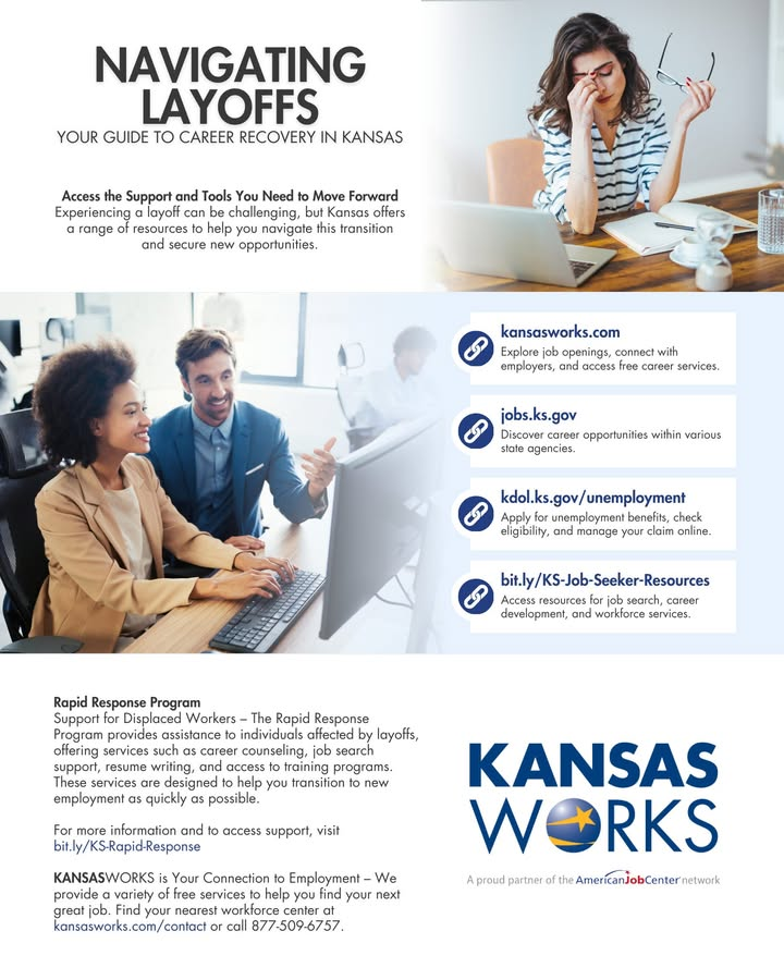 Job searching can feel overwhelming, but you don’t have to go through it alone! The dedicated team at KANSASWORKS is ready to guide you toward success with personalized support and expert insights. Find your nearest Workforce Center today to get started!: kansasworks.com/contact