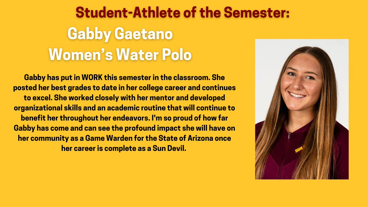 Sun Devil OSAD (@sundevil_osad) on Twitter photo The next student we want to congratulate is our Most Improved Female for Student-Athlete of the Semester! Way to go Gabby Gaetano from <a href="/SunDevilWP/">Sun Devil Water Polo</a>! Awesome job this semester! <a href="/TheSunDevils/">Arizona State Sun Devils</a> #O2V The next student we want to congratulate is our Most Improved Female for Student-Athlete of the Semester! Way to go Gabby Gaetano from <a href="/SunDevilWP/">Sun Devil Water Polo</a>! Awesome job this semester! <a href="/TheSunDevils/">Arizona State Sun Devils</a> #O2V