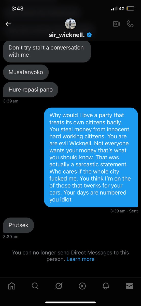mutami_susan's tweet photo. I sent the biggest thief in Zimbabwe @wicknellchivayo a sarcastic message saying he should get a car for Gachange because he twerks for him daily and that guy is misled he thinks everyone wants his handouts. Wicki dick, I have my own business and I make my money. I don’t live on handouts, Australia empowered me you motherfucker. If I’m a whore at least I do my business with my vagina and not yours. Your own wife left you coz you couldn’t satisfy her in bed. Your penis is too small. Hear it from me, Your days are numbered in  Xi Jinpin’s voice. Very soon the roles will be reversed and you be in jail just like what you have done to Mike Chimombe and Moses. Do you think Zimbabweans actually love you whole heartedly, vanhu vanobvuma kupusa, if only you knew what awaits. Even your hired mercenaries won’t save you when the time comes. We will be watching from the terraces. I don’t give two fucks about your money wena fat cook. You are just a middleman in the scheme of things and a mouthpiece for @edmnangagwa who wants to extend his term unconstitutionally. Zimbabweans aren’t that stupid to be honest. You think people will sellout their rights coz of car that can be involved in an accident the next day? , a depreciating asset? You will be the sole loser in the end. Since ndiri Hure Ndakahura nababa vako ndikazvara iwewe dzambarafuta. Zvekunzi Hure hazvitivhundutse wangu, tazvijaira. Find something else to say.