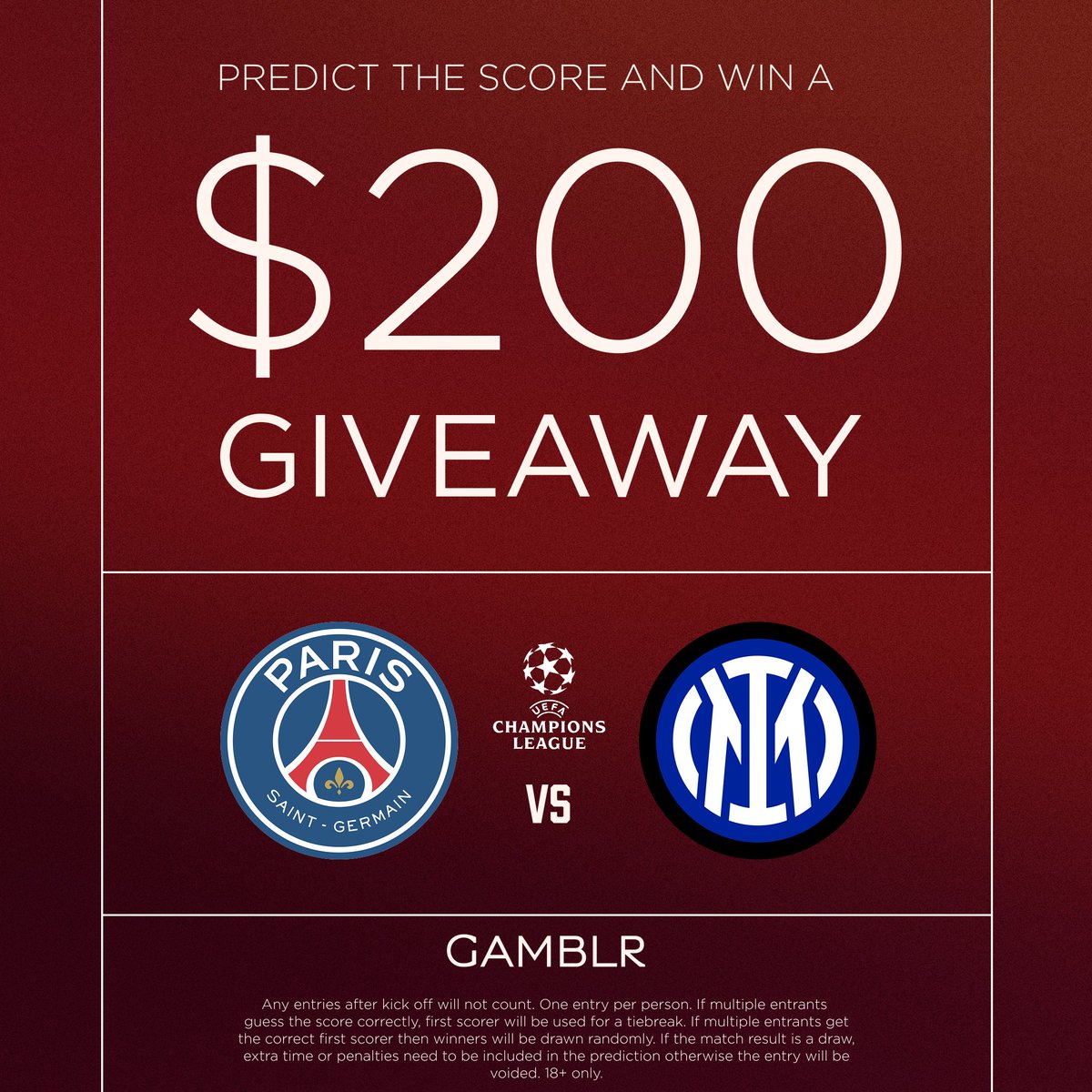 🚨 GAMBLR GIVEAWAY 🚨

🏆 CHAMPIONS LEAGUE FINAL 🏆
🇫🇷 PSG vs Inter Milan 🇮🇹

💰 $200 Bonus Bet 💰

👇 To enter:
✅ Like 
🔁 Retweet 
👣 Follow <a href="/Gamblr_io/">Gamblr</a>

💬 Comment Correct Score &amp; First Goalscorer 
⚽️ Tiebreak will be first goalscorer
📝 Read T&amp;C’s on the image

#UCLfinal
