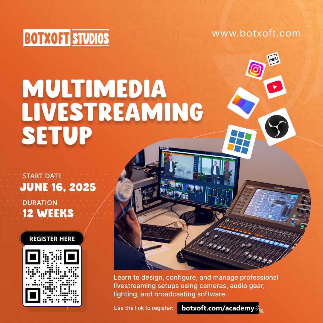 botdanielx's tweet image. 📣 Ready to master multimedia livestreaming like a pro?
Join our 3-month Multimedia Livestreaming Setup Training and get hands-on with real production gear!
📍 Limited slots — Scan the QR code or visit botxoft.com/academy for details!
#MediaTraining #LivestreamSetup