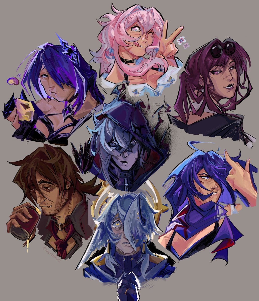 experimental busts w/ new colouring brush, trying to find middle ground with my designs #hsr #acheron #moze #gallagher #kafka #march7th #seele #sunday