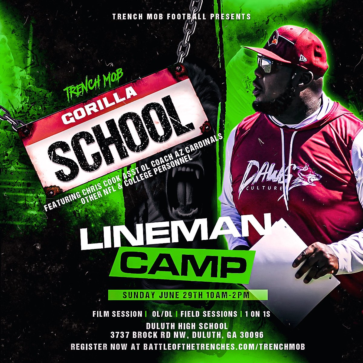 June 29th we are bringing Current Arizona Cardinals O line coach to Gwinnet County, Georgia for GORILLA SCHOOL‼️ All O Line/D Line guys Mark your calendar for this PRICELESS, MUST ATTEND opportunity to meet lots of NFL personnel and experience a hands on day in the life‼️‼️💚💚