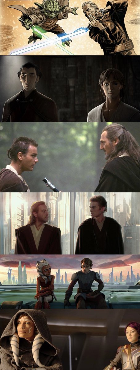 Yoda trained Dooku.

Dooku trained Qui-Gon.

Qui-Gon trained Obi-Wan.

Obi-Wan trained Anakin.

Anakin trained Ahsoka.

Ahsoka trained Sabine.