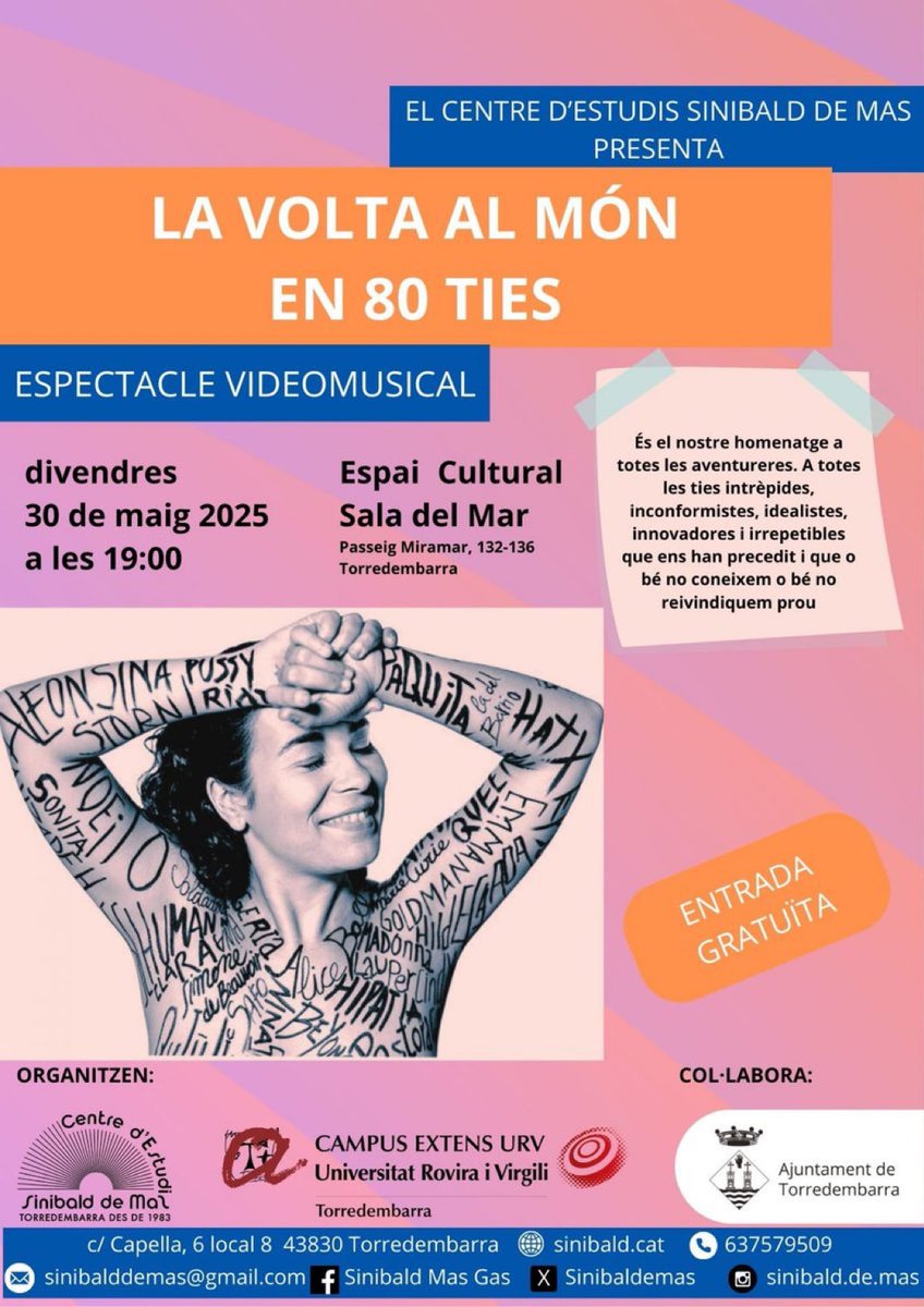 Centre d'Estudis Sinibald de Mas de Torredembarra (@sinibalddemas) on Twitter photo Aquest divendres, 30 de maig, a les 19 h, a la Sala del Mar (Passeig Miramar, 132-136, Torredembarra), espectacle audiovisual: “La volta al món en 80 ties”. Entrada gratuïta! <a href="/Sinibalddemas/">Centre d'Estudis Sinibald de Mas de Torredembarra</a> i Campus Extens <a href="/universitatURV/">Universitat Rovira i Virgili</a> Aquest divendres, 30 de maig, a les 19 h, a la Sala del Mar (Passeig Miramar, 132-136, Torredembarra), espectacle audiovisual: “La volta al món en 80 ties”. Entrada gratuïta! <a href="/Sinibalddemas/">Centre d'Estudis Sinibald de Mas de Torredembarra</a> i Campus Extens <a href="/universitatURV/">Universitat Rovira i Virgili</a>
