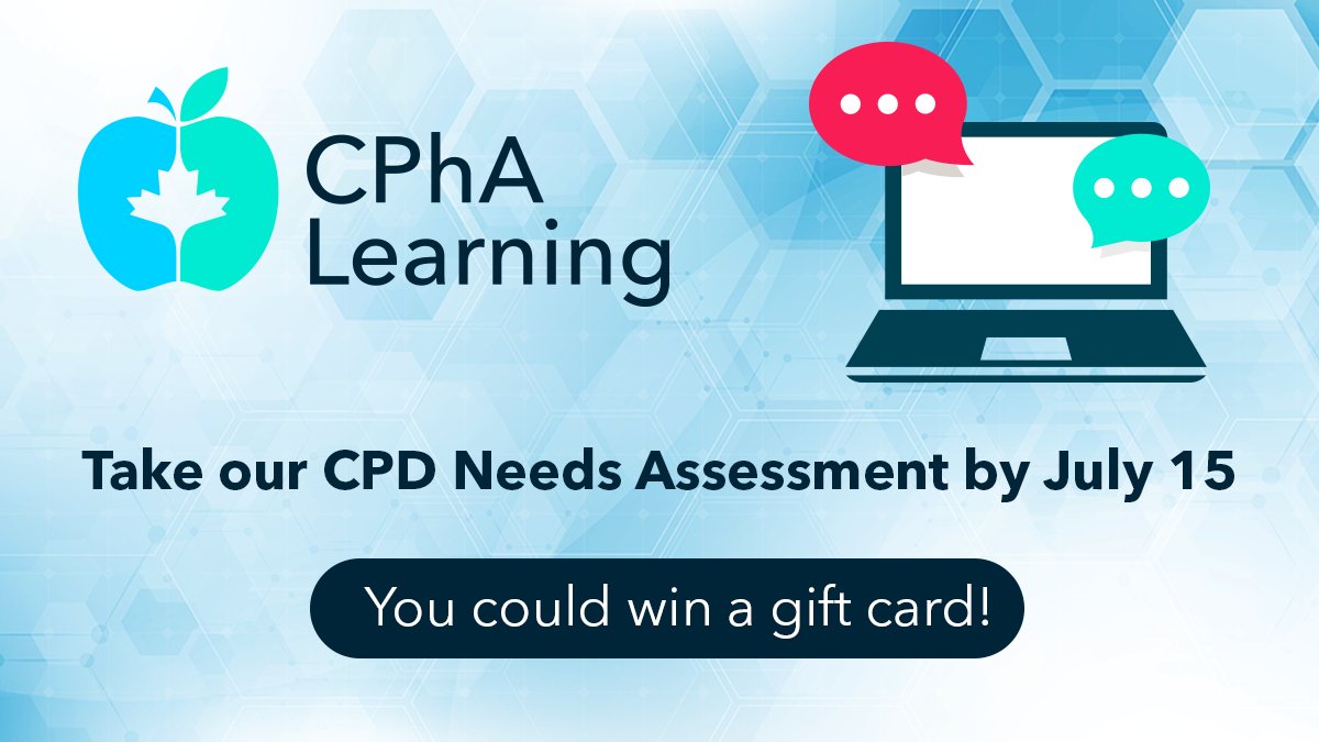 💬 We want to hear what kind of training you are looking for on our new CPhA Learning platform! 

Complete our CPD Needs Assessment by July 15 to share your education wish list, and for your chance to win a gift card! 

➡️ ow.ly/KtBh50W0msI
