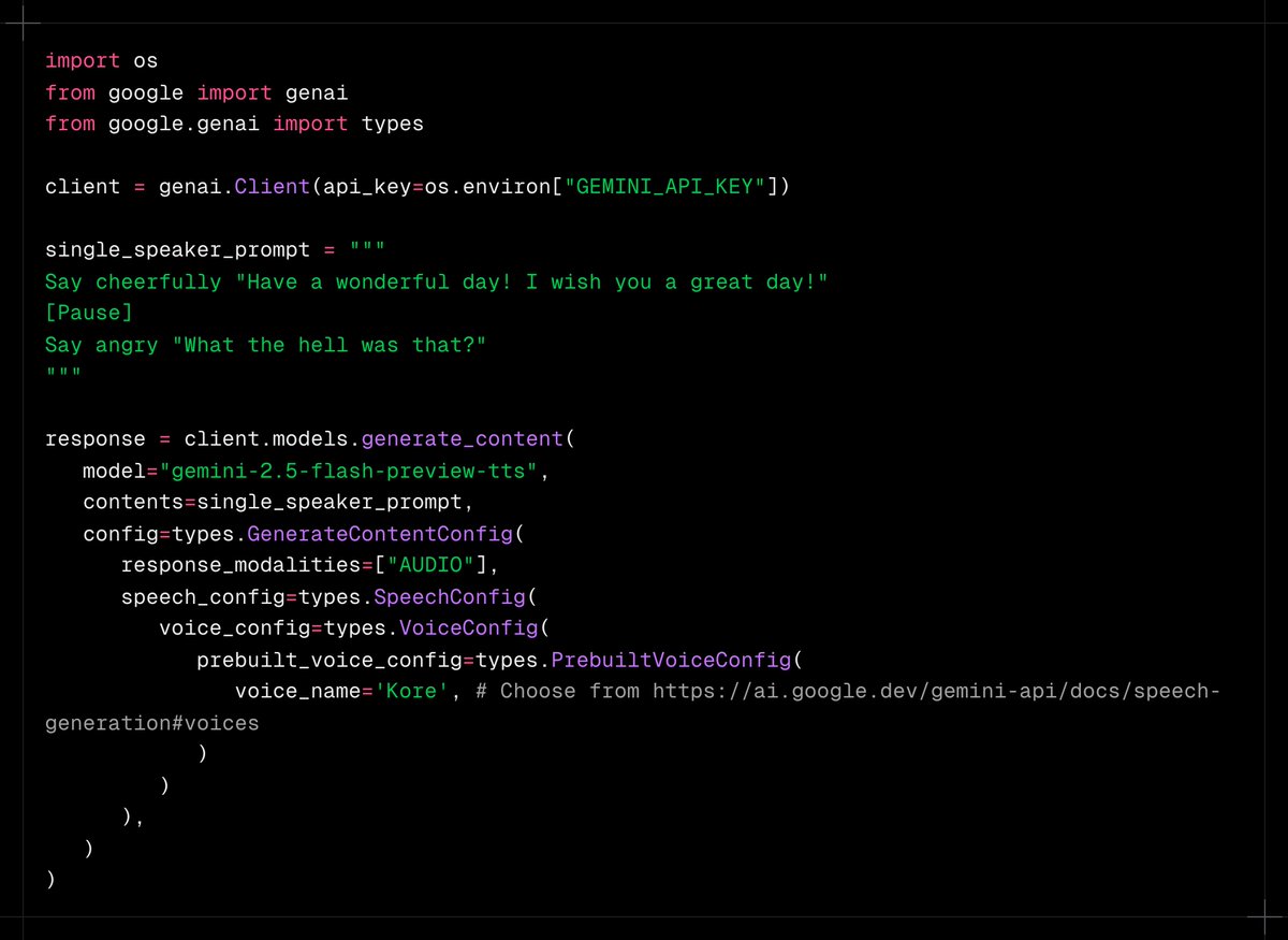 Building the text-to-speech Agents and Apps with <a href="/GoogleDeepMind/">Google DeepMind</a> Gemini 2.5 is super easy! Single API request to generate 5-10 minute long audio in one of 30 voices in 24 languages or with multiple speakers!