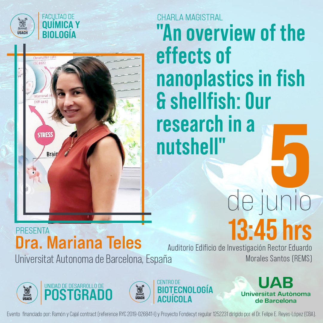Química&Biología Usach (@fqybusach) on Twitter photo 📢¡Atención!
Desde la <a href="/UABBarcelona/">Universitat Autònoma de Barcelona</a> 🇪🇸, Dra. Mariana Teles, académica y experta en ecotoxicología, presentará la charla:
“Un panorama general de los efectos de los nanoplásticos en pescados y mariscos”🔬👩🏻🔬
🔗Inscríbete aquí: tinyurl.com/yhxs6k7w
¡Los y las esperamos! 📢¡Atención!
Desde la <a href="/UABBarcelona/">Universitat Autònoma de Barcelona</a> 🇪🇸, Dra. Mariana Teles, académica y experta en ecotoxicología, presentará la charla:
“Un panorama general de los efectos de los nanoplásticos en pescados y mariscos”🔬👩🏻🔬
🔗Inscríbete aquí: tinyurl.com/yhxs6k7w
¡Los y las esperamos!