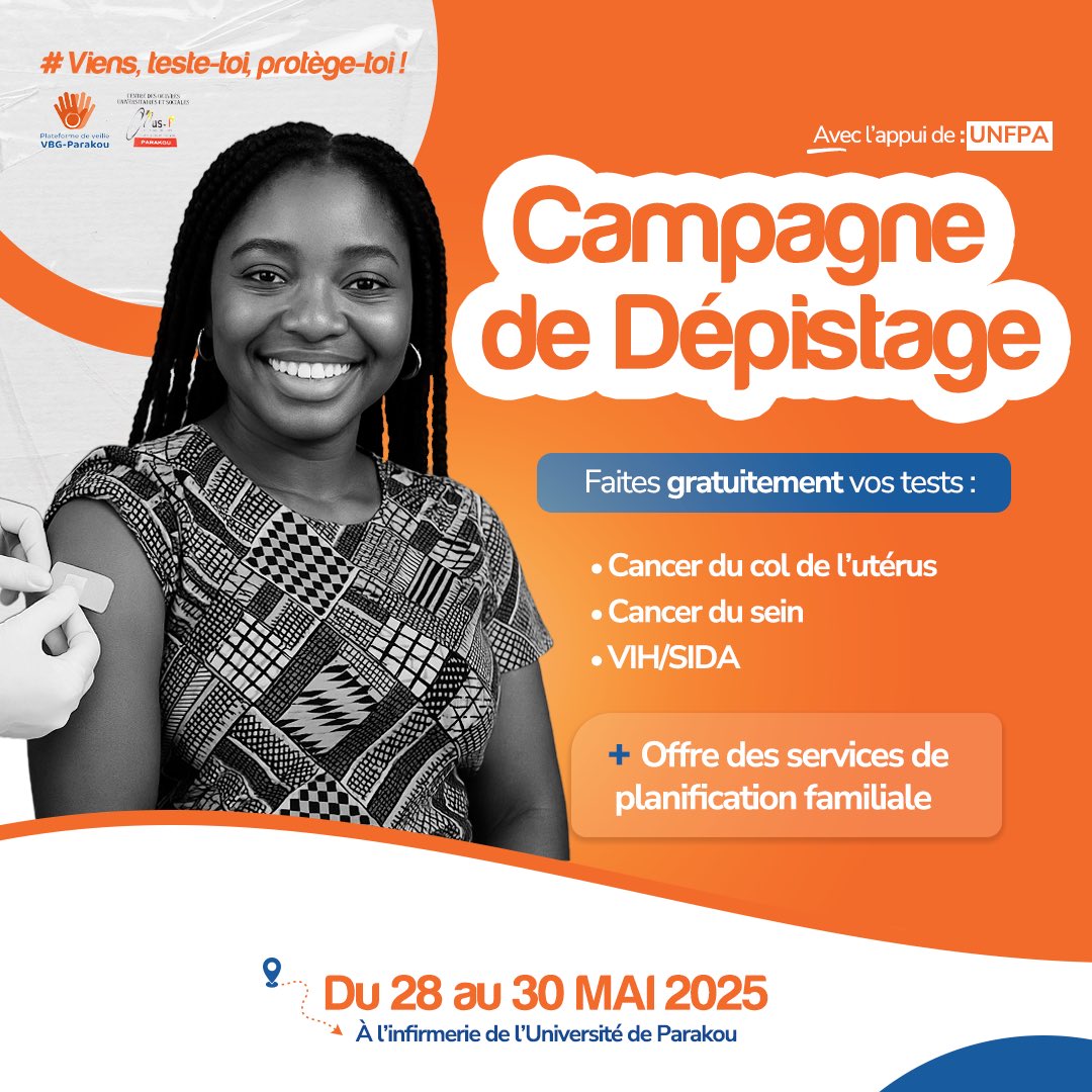 Plateforme_VBG's tweet image. Ce mercredi marque le début de 3 jours de dépistage gratuit du cancer du col de l’utérus, du sein , du VIH/SIDA et offre des services de planification familiale à l’UP, de 8h à 17h jusqu’au vendredi.
📍COUS-UP &amp;amp; UNFPA.
🎓 Jeunesse estudiantine, votre santé est votre avenir.