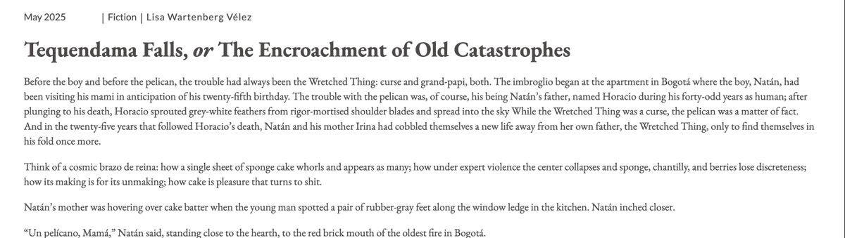 Tin House (@tin_house) on Twitter photo We're delighted to highlight #THAlum Lisa Wartenberg Vélez's fiction piece "Tequendama Falls, or The Encroachment of Old Catastrophes" out now with <a href="/cutleafjournal/">Cutleaf</a>! 
Congratulations Lisa and thank you for writing with us!
Read it here: cutleafjournal.com/content/tequen… We're delighted to highlight #THAlum Lisa Wartenberg Vélez's fiction piece "Tequendama Falls, or The Encroachment of Old Catastrophes" out now with <a href="/cutleafjournal/">Cutleaf</a>! 
Congratulations Lisa and thank you for writing with us!
Read it here: cutleafjournal.com/content/tequen…