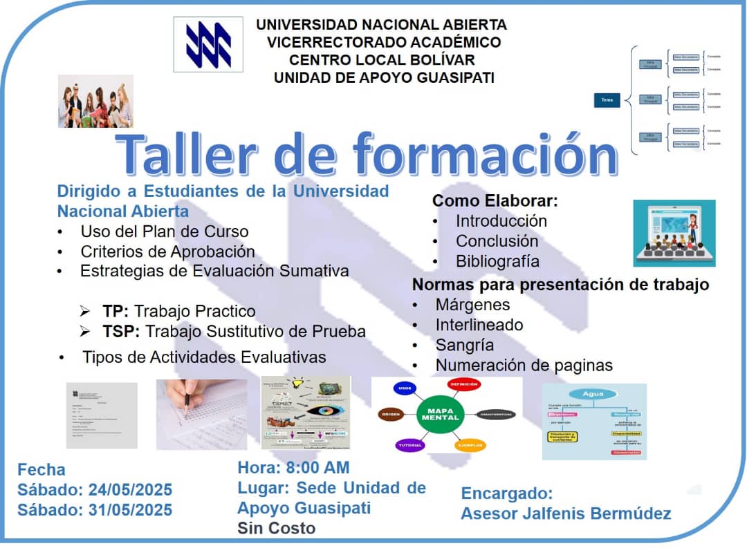 Se Invita a los estudiantes del Curso Introductorio Lapso 2025-1 para la charla del cierre del Curso en Ciudad Bolívar y el Taller en la Unidad de Apoyo de Guasipati. Los esperamos. 👇🏼