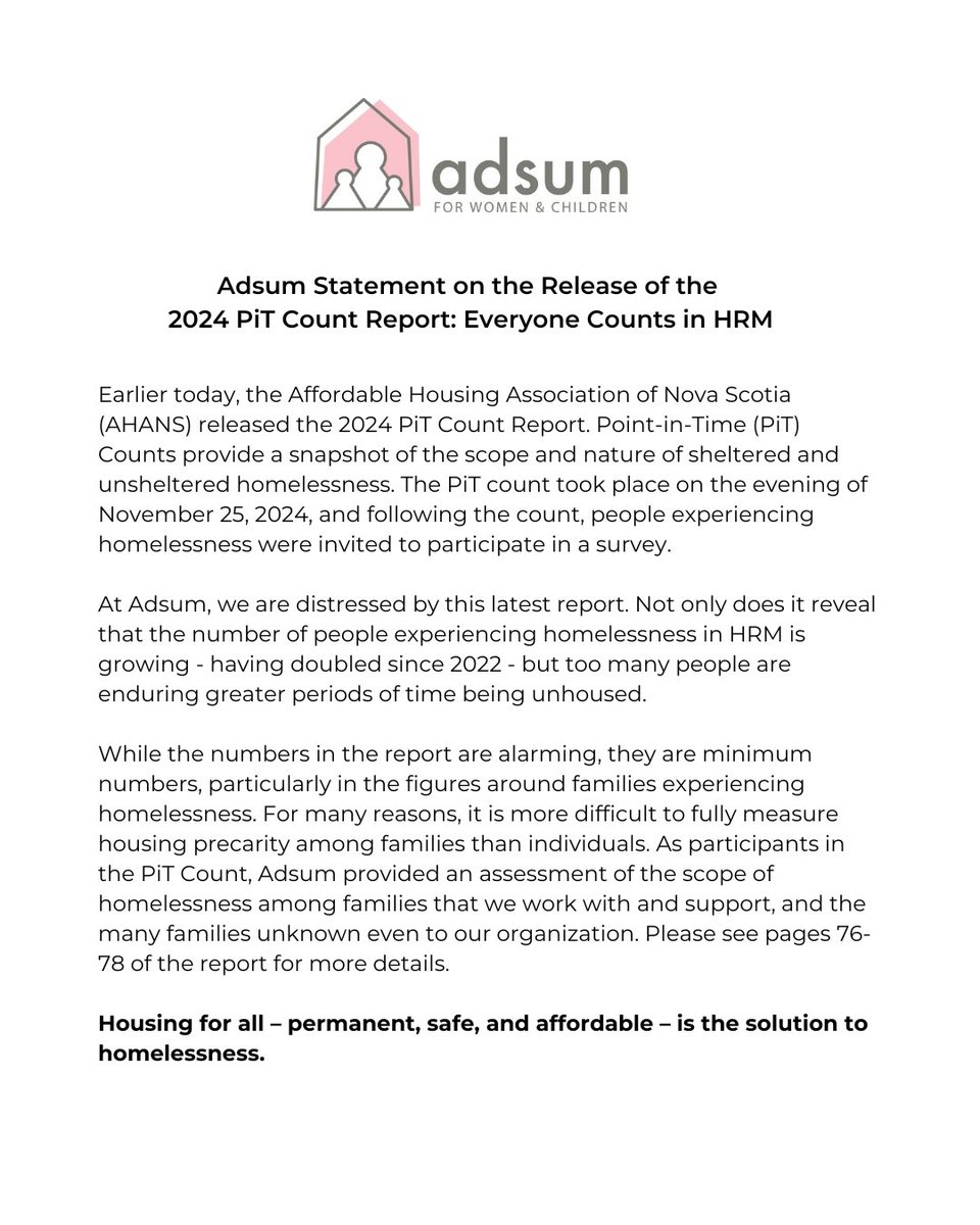 adsumforwomen's tweet photo. Sharing our response to the release of the 2024 PiT Count Report: Everyone Counts in HRM. Pls scroll through this thread for our statement as well as Adsum’s submission regarding families’ experiences with homelessness.
For the full report, visit: https://t.co/iWz81aMs4o https://t.co/8L4CrWIfsL