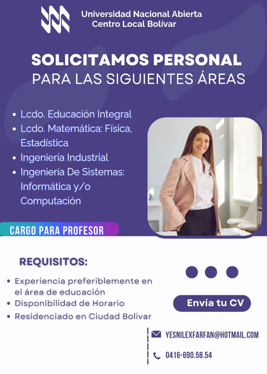 Solicitamos Personal en la #UNABolivar