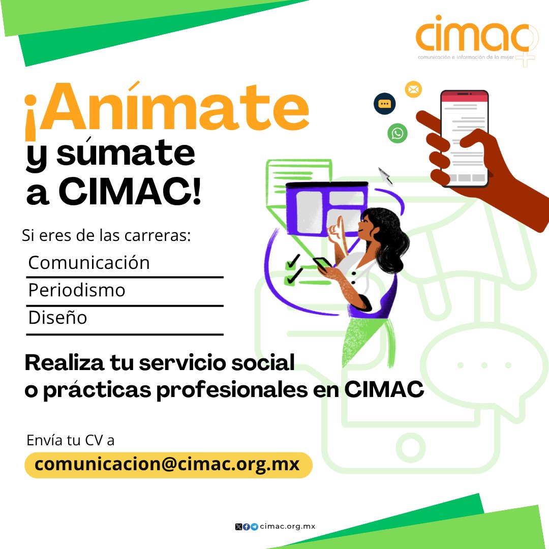¿Te interesa el periodismo feminista y el papel de   las mujeres en los medios de comunicación?
  ¡Únete al equipo! 📧📲 Escríbenos y realiza tu servicio social o   prácticas profesionales con nosotras
 
 #MujeresPeriodistas #MujeresYMedios   #Comunicación #ComunicaciónFeminista