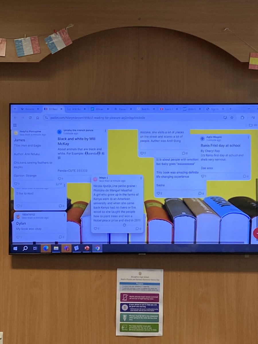 BroughtonML's tweet photo. Classes 1.10 and 2.10 have been reading for pleasure with our class ebooks Padlet this week. They read and listened in French and summarised their favourite story, also in @padlet #reading #readingisfun #lalecture @BroEnglishDept https://t.co/ucVROOeKfE
