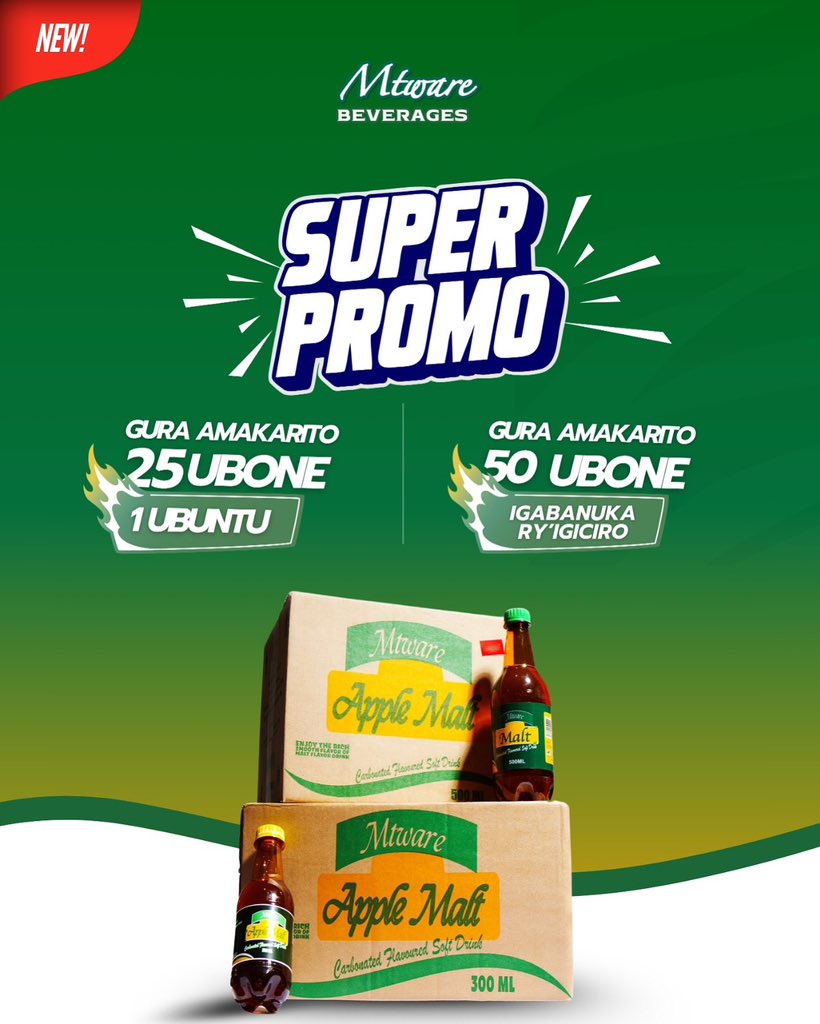 Mtwarebeverages's tweet photo. 🔥 New promotion Alert! 🔥 Mtware Beverages yagabanyije ibiciro ku binyobwa ukunda — ubu biraboneka ku giciro cyiza cyane! Fungura umunsi wawe neza hamwe na Mtware. 🥤✨
#MtwareMoments #SipAndSave #NewDeals https://t.co/WBWxGxXfiK
