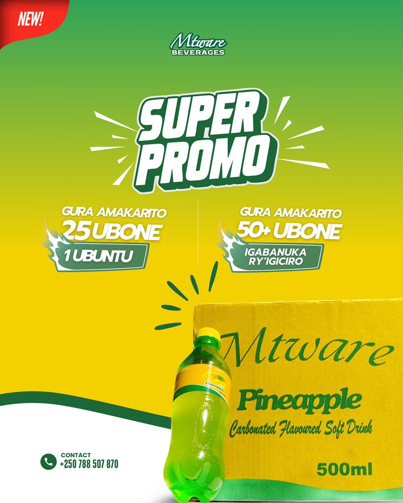 Mtwarebeverages's tweet photo. 🔥 New promotion Alert! 🔥 Mtware Beverages yagabanyije ibiciro ku binyobwa ukunda — ubu biraboneka ku giciro cyiza cyane! Fungura umunsi wawe neza hamwe na Mtware. 🥤✨
#MtwareMoments #SipAndSave #NewDeals https://t.co/WBWxGxXfiK