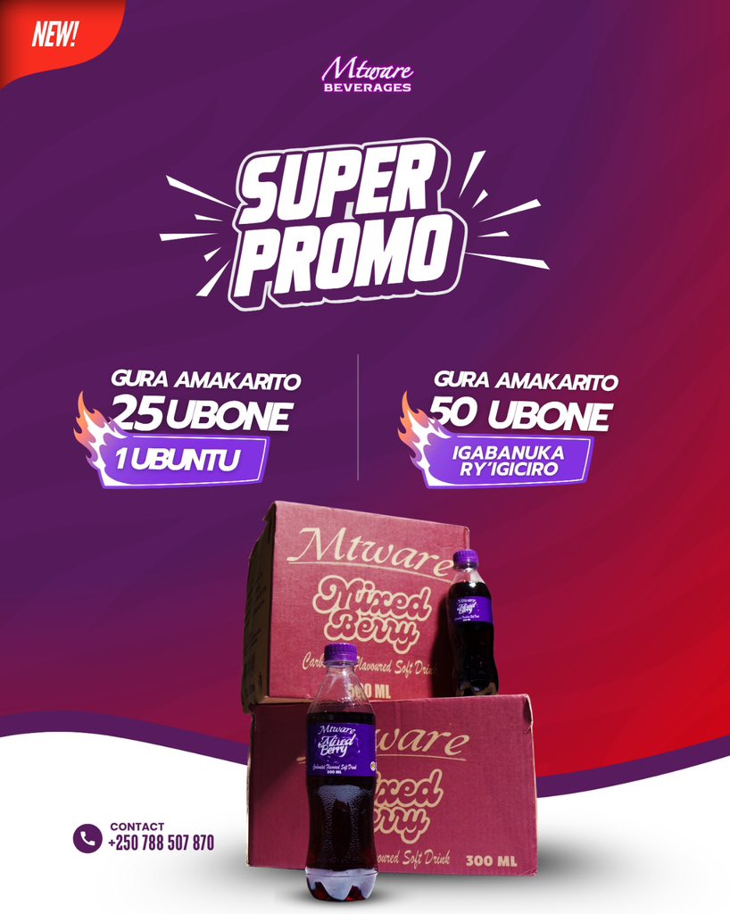 Mtwarebeverages's tweet photo. 🔥 New promotion Alert! 🔥 Mtware Beverages yagabanyije ibiciro ku binyobwa ukunda — ubu biraboneka ku giciro cyiza cyane! Fungura umunsi wawe neza hamwe na Mtware. 🥤✨
#MtwareMoments #SipAndSave #NewDeals https://t.co/WBWxGxXfiK