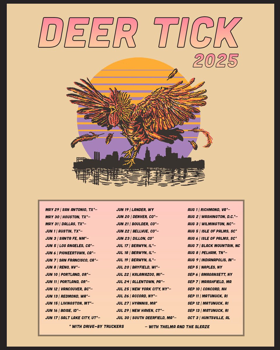 Deer Tick (@deertickmusic) on Twitter photo We're kicking off the Charm & Decadence Tour tonight at Stable Hall in San Antonio with <a href="/drivebytruckers/">Drive-By Truckers</a> & <a href="/ThelmaandtheSle/">thelmaandthesleaze</a>. Tickets are going quick, get yours while you can at 10atoms.com/DTtour We're kicking off the Charm & Decadence Tour tonight at Stable Hall in San Antonio with <a href="/drivebytruckers/">Drive-By Truckers</a> & <a href="/ThelmaandtheSle/">thelmaandthesleaze</a>. Tickets are going quick, get yours while you can at 10atoms.com/DTtour