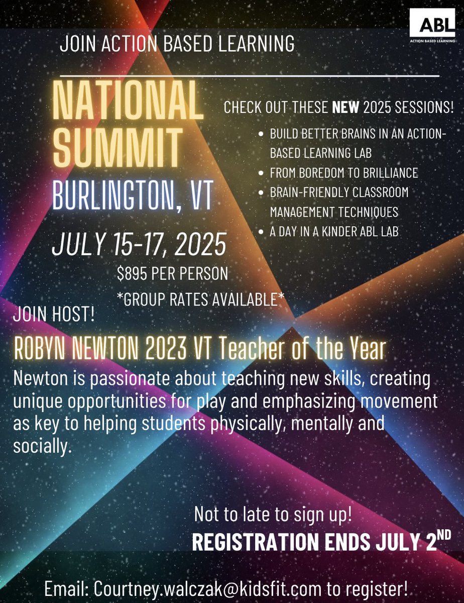 ActionBased Learning (@kidsfit_abl) on Twitter photo We are about 6 weeks away from our 1st Vermont Summit!
New location, NEW sessions, NEW presenters, NEW food, NEW music, etc!
Interested in learning more? Visit ablacademy.com or email abllab@kidsfit.com! We are about 6 weeks away from our 1st Vermont Summit!
New location, NEW sessions, NEW presenters, NEW food, NEW music, etc!
Interested in learning more? Visit ablacademy.com or email abllab@kidsfit.com!
