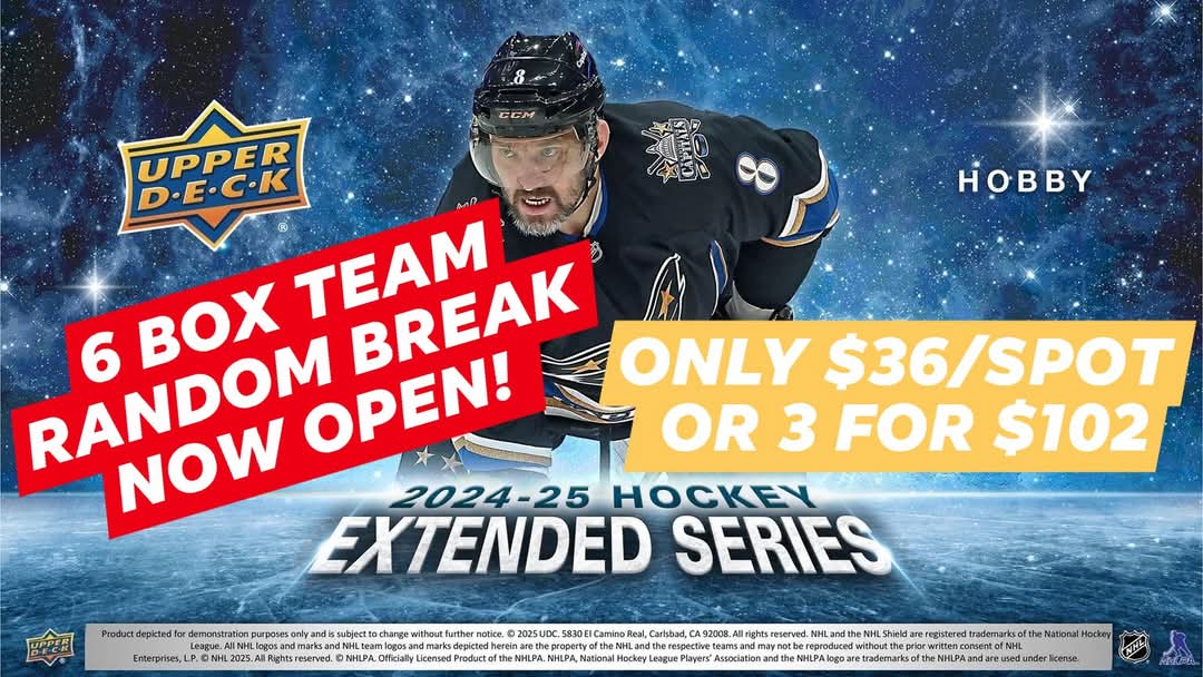 FlyingVCards's tweet image. 🚨 24-25 UD Extended Team Random 6 Box #GroupBreak Now Open! 🚨

➡️ Join us for the newest release from Upper Deck, Extended Series!

💲Only 36 🇨🇦 /spot or 3 for 102. Up to $10 off for 1st-timers! 

🥅  Shoot me a DM or comment below to claim spots 😃

#FlyingVCards