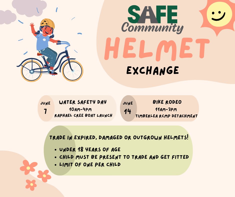 Helmet exchanges will be happening at two events in June! Trade in your child's expired, damaged or outgrown helmet for a properly fitted and new helmet. The child must be present and we only exchange one helmet per child. Watch for more information about both of these events!