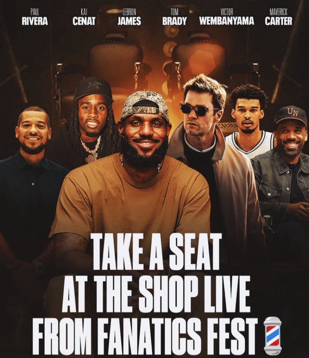 scubaryan_'s tweet photo. Kai Cenat will be featured in the next episode of LeBron James podcast “The Shop” while at ‘Fanatics Fest’ with other superstars like Tom Brady and Victor Wembanyama 👀🔥 https://t.co/ANuZPHKe3m