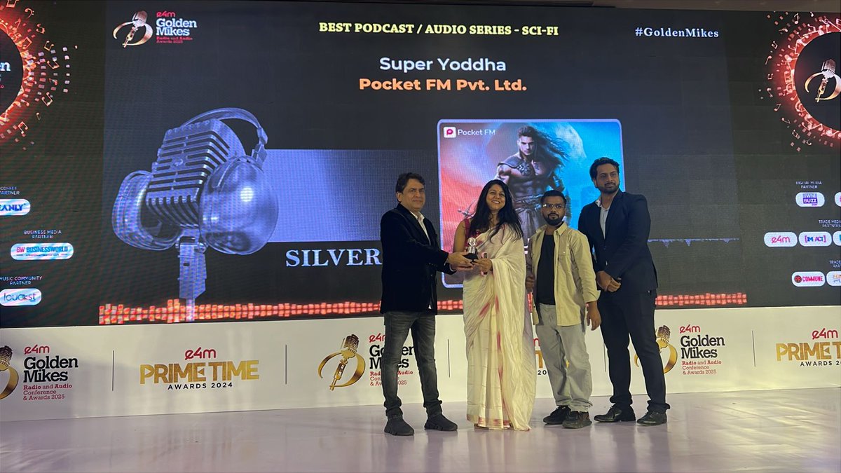 e4mevents's tweet image. What a win! 📻
Big congratulations to the winners in the Best Podcast / Audio Series - Sci-Fi at the #e4mGoldenMikes Awards 2025! 🎙

Category: Best Podcast / Audio Series - Sci-Fi
Winners: @PocketFM_App

#AudioExcellence #CreativeCampaigns #GoldenMikes2025