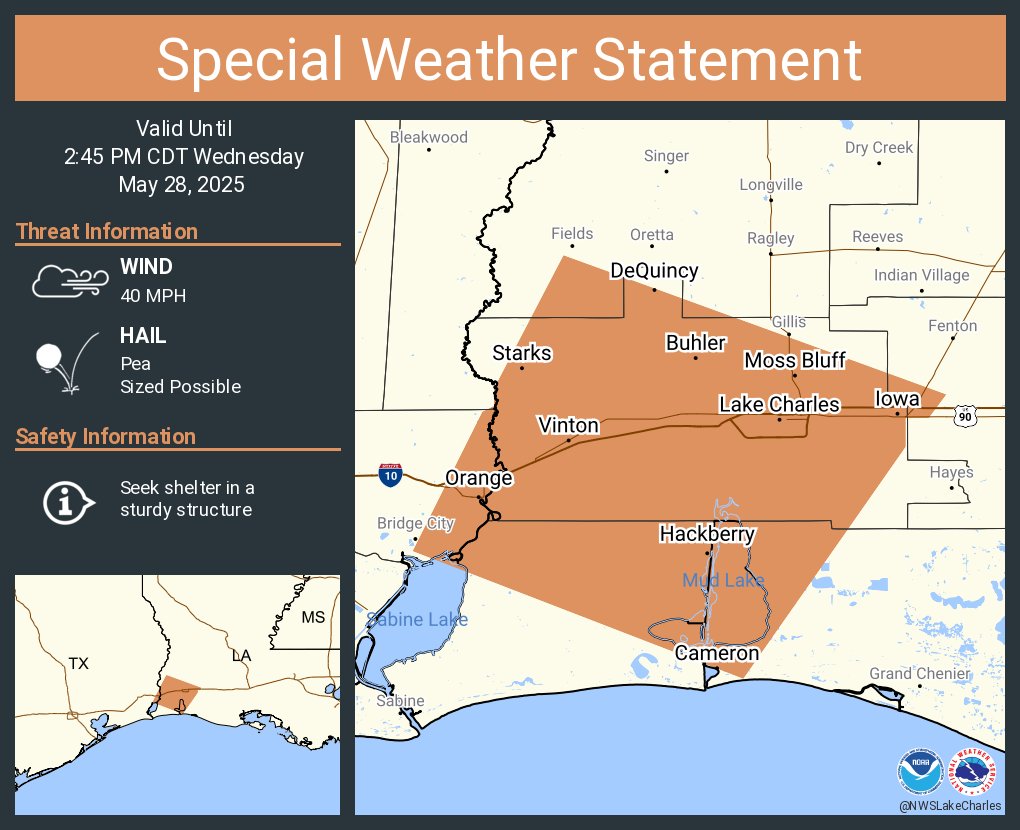 A special weather statement has been issued for Lake Charles LA, Sulphur LA and  Orange TX until 2:45 PM CDT