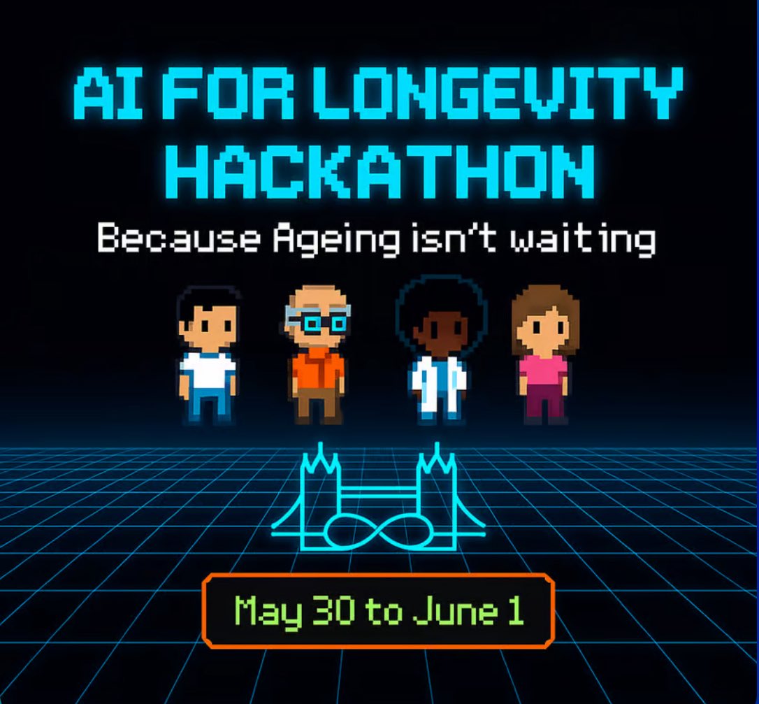 LonLongevity's tweet image. The AI for Longevity Hackathon is happening THIS WEEKEND!
We have an exciting line-up of Speakers, Mentors and Judges including the fantastic @DrAdamBat @nellimorgulchik @agingroy @alexocheema @CarinaCarlaKern @DrMTempest @JessicaRumbelow @DrAnmolArora @dw2 @AlexRevill & more!