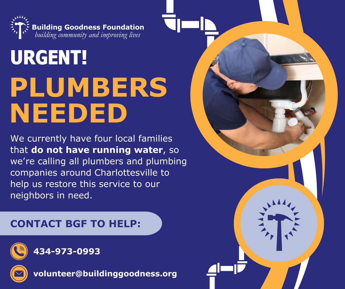 We’ve recently heard from several families who are living without running water, so we're urgently recruiting plumbers to help.🚰 If you're able to complete plumbing repairs and restore access to clean, reliable water for our neighbors, please email or call us at 434-973-0993. 🛠️