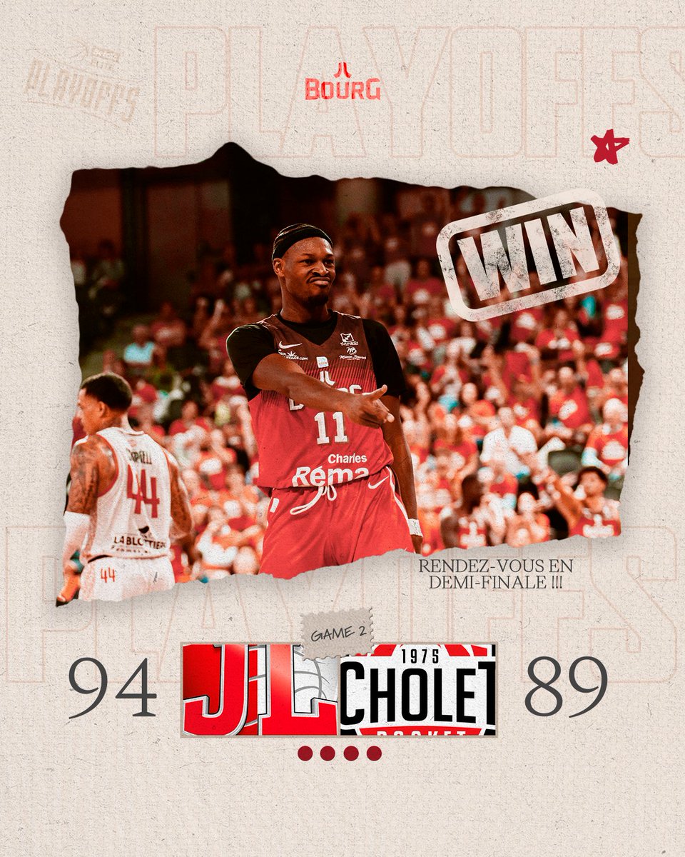 JLBourgBasket's tweet photo. VICTOIRE ✅

JL Bourg - 94 ⚡️89 - @CB_officiel 

🔥 ON EST EN DEMI !!!
La JL s'impose une nouvelle fois face à Cholet et gagne sa place en demi-finale ! Let's goooo

#WeRedy https://t.co/CZhJS4T6lJ