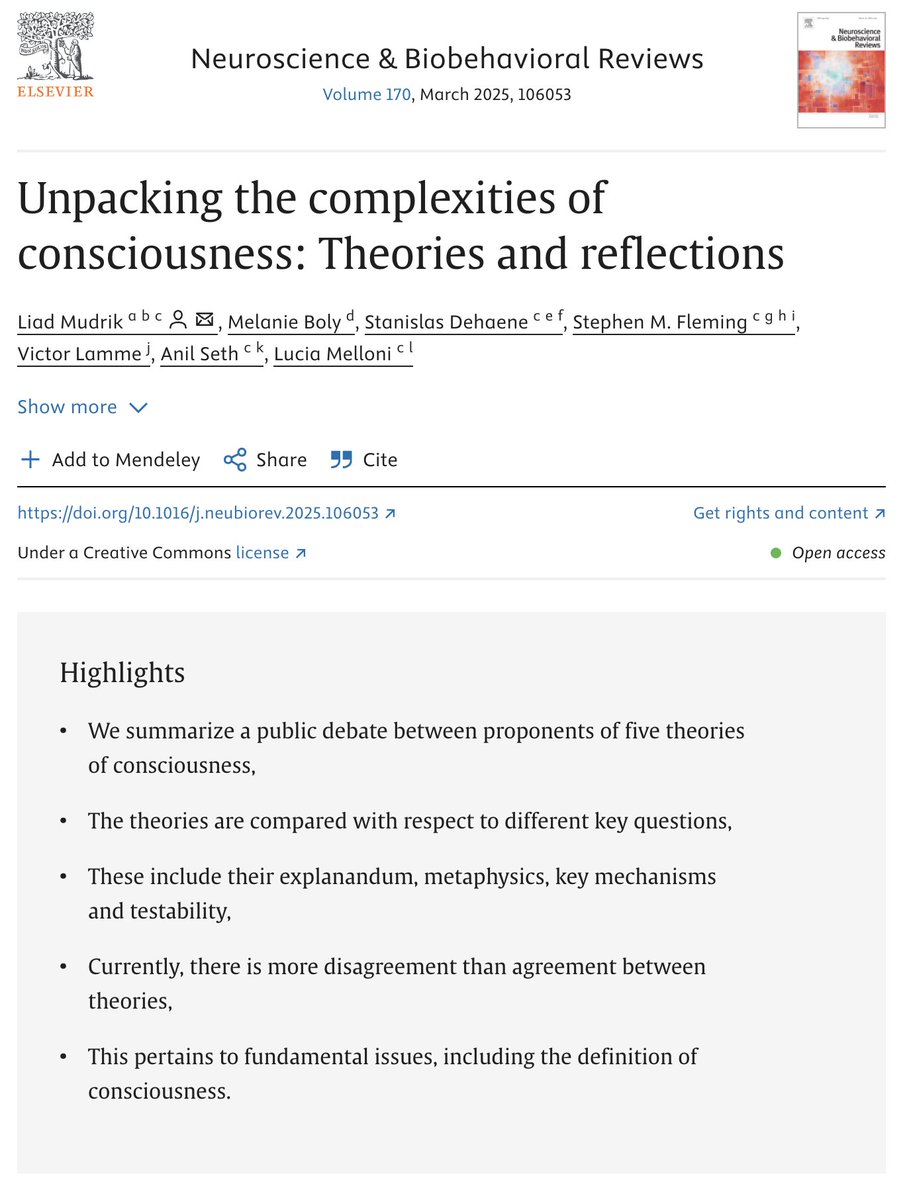 Bueno, hacía tiempo que no leía sobre conciencia, pero aquí se viene un buen artículo de revisión que merece la pena comentar.

El artículo trata sobre las principales teorías de la conciencia en la actualidad, y entre los autores se encuentrn auténticosmosntruos. Así que 🧵 va!