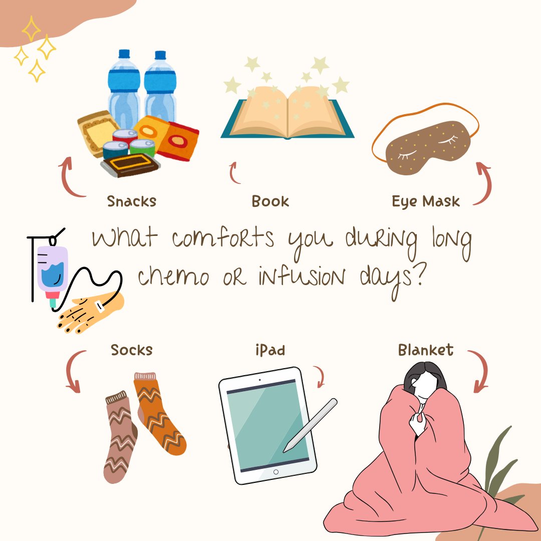 WHATNEXT_Cancer's tweet image. Sometimes it can be hard to get through a long chemo or infusion day. What are some comforts that help you get through? Share with us to help others be prepared. Click on the link to add to the conversation bit.ly/3SVRvH7 #communityforums  #whatnext #chemo #infusions