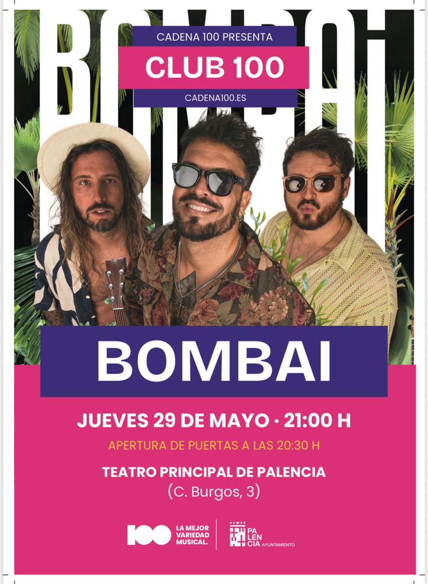 PalenciaAyto's tweet image. El @PalenciaTeatro se convertirá mañana jueves, 29 de mayo,en escenario del concierto de @bombaioficial,organizado por @CADENA100 @COPEPalencia. Una especial velada, dentro de la #FeriaChica, donde los asistentes disfrutarán de #grandeséxitos como "Sólo si es contigo" o "Vuela".