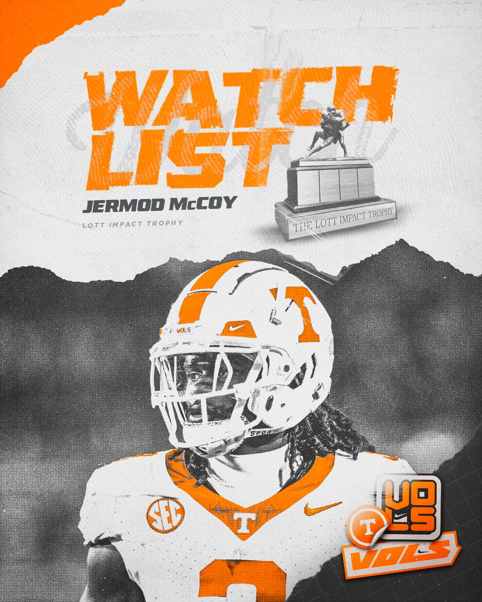Tennessee Football (@vol_football) on Twitter photo Watch List Season π
<a href="/Jermodmccoy/">Jermod McCoy</a> has been named to the
<a href="/TheLottTrophy/">Lott IMPACT Trophy</a> Watch List.
#GBO π Watch List Season π
<a href="/Jermodmccoy/">Jermod McCoy</a> has been named to the
<a href="/TheLottTrophy/">Lott IMPACT Trophy</a> Watch List.
#GBO π