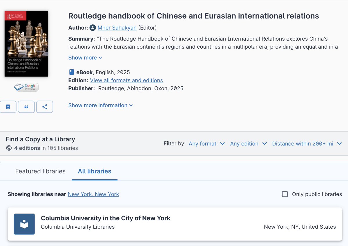 Mher D. Sahakyan /明华 (@mhereast) on Twitter photo Wonderful news from <a href="/Columbia/">Columbia University</a> University! I've learned from colleagues that our books are available n their library. This is a significant achievement for our international team. <a href="/Rout_PoliticsIR/">Routledge Politics, IR & Area Studies</a> <a href="/routledgebooks/">Routledge Books</a> <a href="/WeAreTandF/">Taylor & Francis</a>
routledge.com/Routledge-Hand… Wonderful news from <a href="/Columbia/">Columbia University</a> University! I've learned from colleagues that our books are available n their library. This is a significant achievement for our international team. <a href="/Rout_PoliticsIR/">Routledge Politics, IR & Area Studies</a> <a href="/routledgebooks/">Routledge Books</a> <a href="/WeAreTandF/">Taylor & Francis</a>
routledge.com/Routledge-Hand…