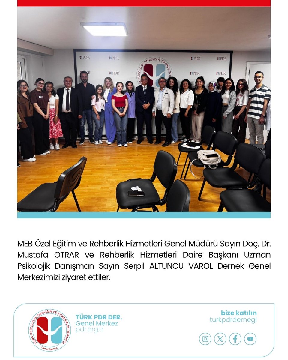 MEB Özel Eğitim ve Rehberlik Hizmetleri Genel Müdürü Sayın Doç Dr. Mustafa OTRAR ve Rehberlik Hizmetleri Daire Başkanı Uzman Psikolojik Danışman Sayın Serpil ALTUNCU VAROL Dernek Genel Merkezimizi ziyaret ettiler. 

Ziyaret kapsamında rehberlik norm kadro yönetmeliği başta olmak