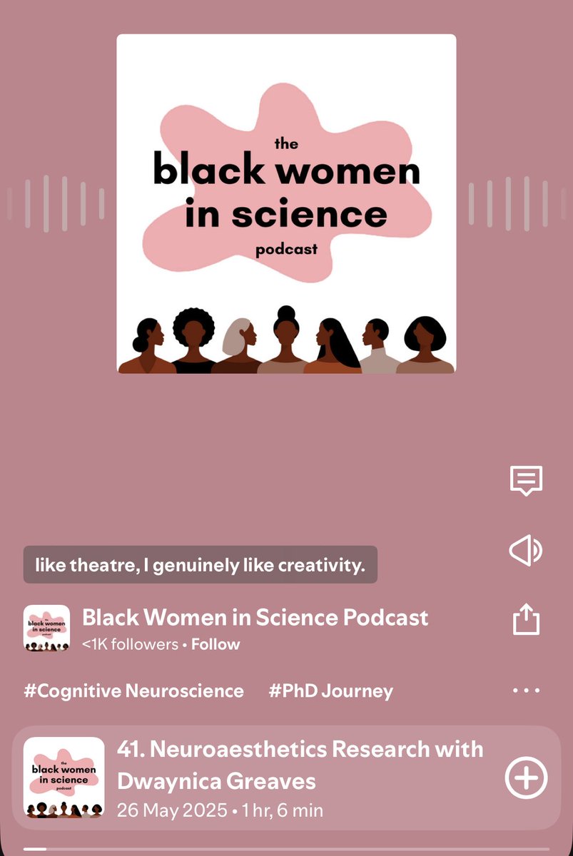 SheWhoRemains🧠🎭🇲🇸 (@dwaynica) on Twitter photo I’m honoured to have a NEW PODCAST FEATURE 🗣️🧠‼️on <a href="/BWiSNetwork/">Black Women in Science</a>’s platform where I discussed with the wonderful Tulela Pea: Neuroaesthetics, Theatre-Neuroscience and my PhD journey as a Black woman navigating academia 👩🏾🎓
Thank you for having me 💐
open.spotify.com/episode/3QoXkC… I’m honoured to have a NEW PODCAST FEATURE 🗣️🧠‼️on <a href="/BWiSNetwork/">Black Women in Science</a>’s platform where I discussed with the wonderful Tulela Pea: Neuroaesthetics, Theatre-Neuroscience and my PhD journey as a Black woman navigating academia 👩🏾🎓
Thank you for having me 💐
open.spotify.com/episode/3QoXkC…
