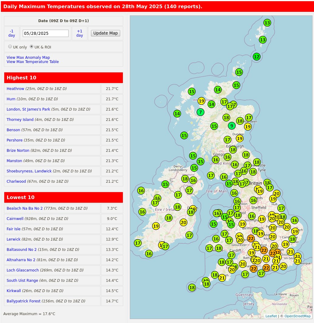 RoostWeather's tweet photo. Today's (28th May) maximum temperatures and anomalies (compared to '91-'20 average) from the 03xxx SYNOP sites.
#Heathrow, and #Hurn were the warmest spots with a max #temperature of 21.7C.
https://t.co/0diAyTQBK2 https://t.co/7qvw1lHFrb